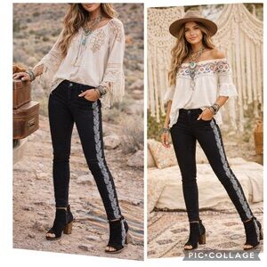 EXPRESS DENIM PERFECT BLACK TRIBAL DIAMOND MOTIF SIDE TRIM ANKLE LEGGINGS